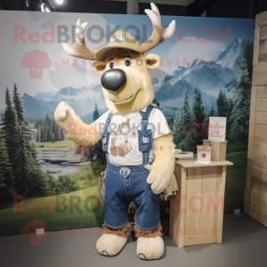 Cream Elk mascot costume character dressed with a Denim Shorts and Berets