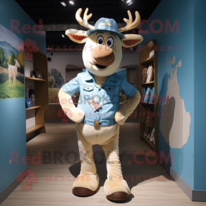 Cream Elk mascot costume character dressed with a Denim Shorts and Berets
