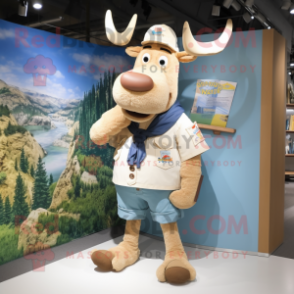 Cream Elk mascot costume character dressed with a Denim Shorts and Berets