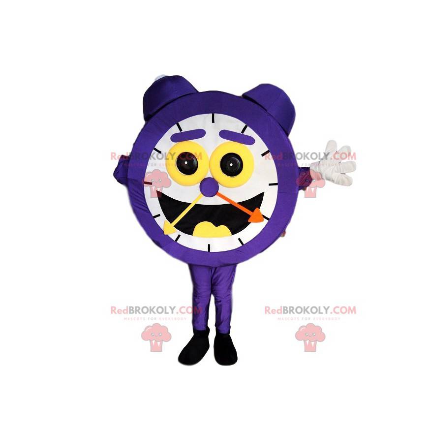 Mascota de reloj despertador púrpura con una gran sonrisa -