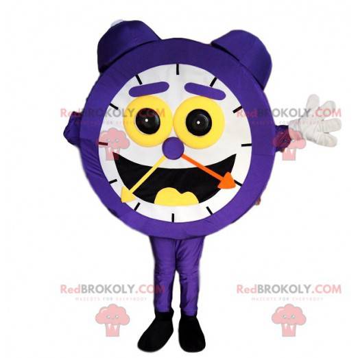 Mascote roxo do despertador com um sorriso enorme -