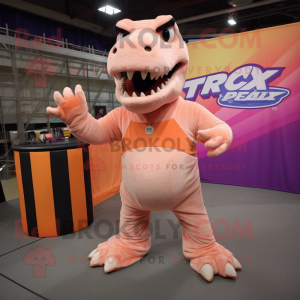 Peach T Rex mascot costume character dressed with a Tank Top and Shoe clips