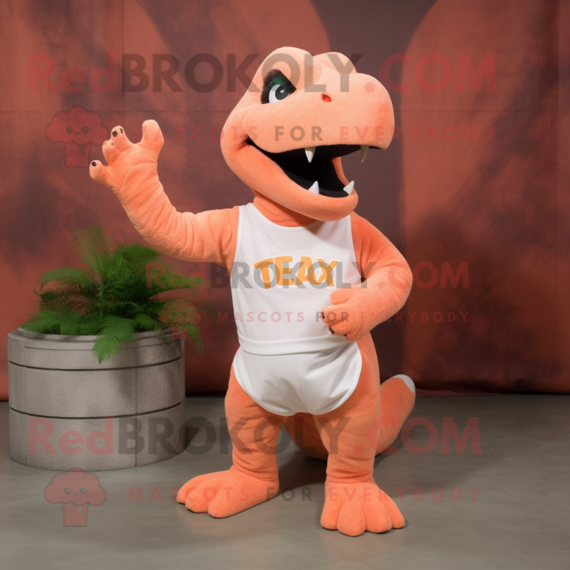 Peach T Rex mascot costume character dressed with a Tank Top and Shoe clips