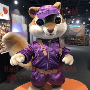 Purple Flying Squirrel mascot costume character dressed with a Bomber Jacket and Suspenders