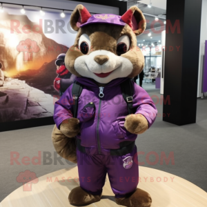 Purple Flying Squirrel mascot costume character dressed with a Bomber Jacket and Suspenders