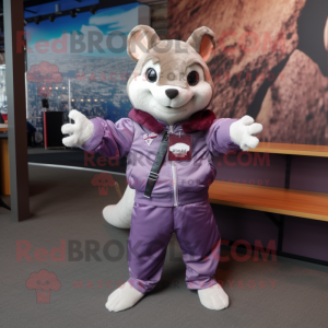 Purple Flying Squirrel mascot costume character dressed with a Bomber Jacket and Suspenders