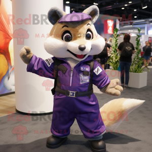 Purple Flying Squirrel mascot costume character dressed with a Bomber Jacket and Suspenders