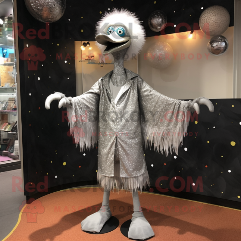 Silver Ostrich mascot costume character dressed with a Long Sleeve Tee and Coin purses Silver Ostrich mascot costume character dressed with a Long Sleeve Tee and Coin purses