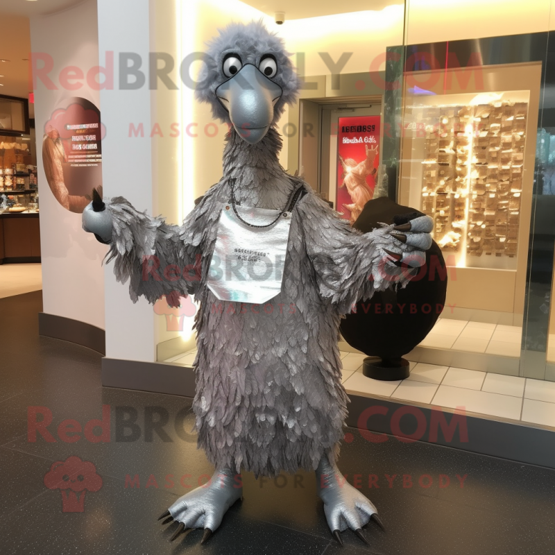 Silver Ostrich mascot costume character dressed with a Long Sleeve Tee and Coin purses