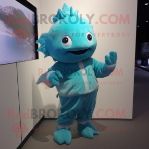 Cyan Cod mascot costume character dressed with a Romper and Cummerbunds