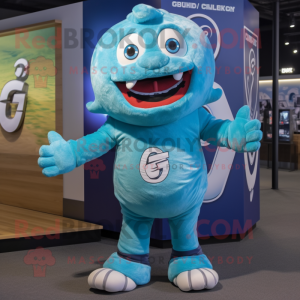 Cyan Cod mascot costume character dressed with a Romper and Cummerbunds