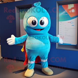 Cyan Cod mascot costume character dressed with a Romper and Cummerbunds