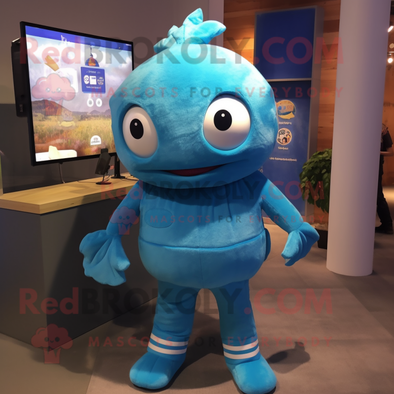 Cyan Cod mascot costume character dressed with a Romper and Cummerbunds Cyan Cod mascot costume character dressed with a Romper and Cummerbunds