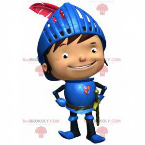 Mascotte de petite chevalier heureux avec une armure bleue -