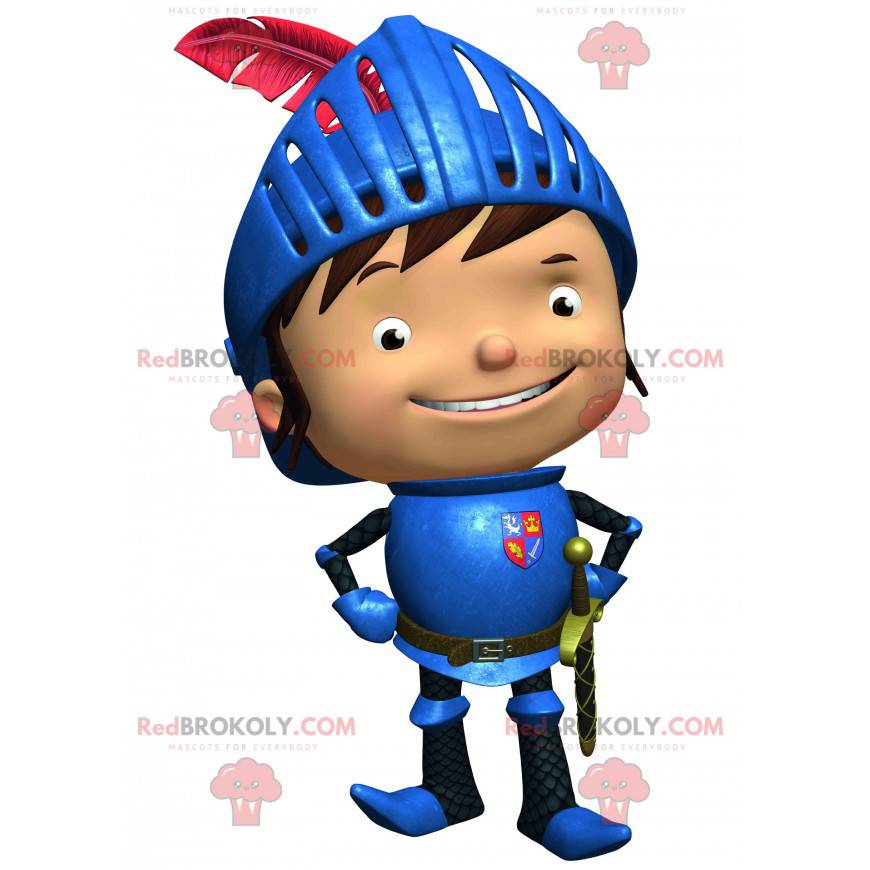 Mascot happy little knight with blue armor - Redbrokoly.com