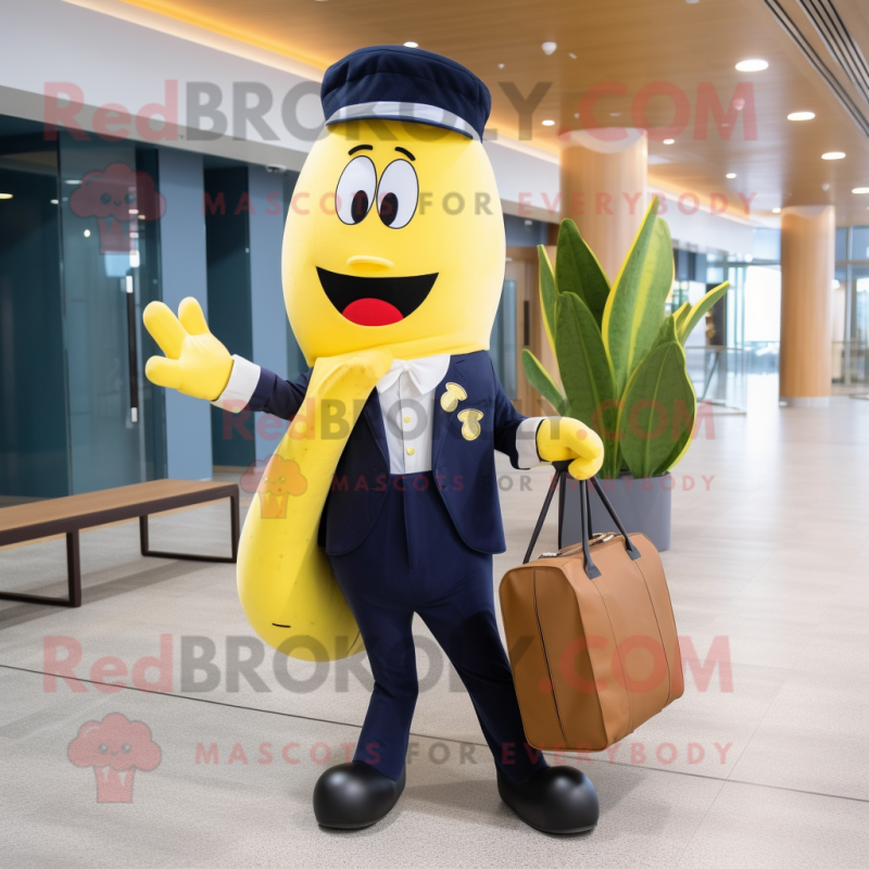 Navy Banana mascot costume character dressed with a Suit Pants and Tote bags