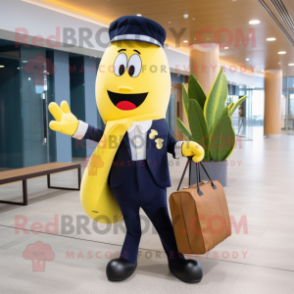 Navy Banana mascot costume character dressed with a Suit Pants and Tote bags