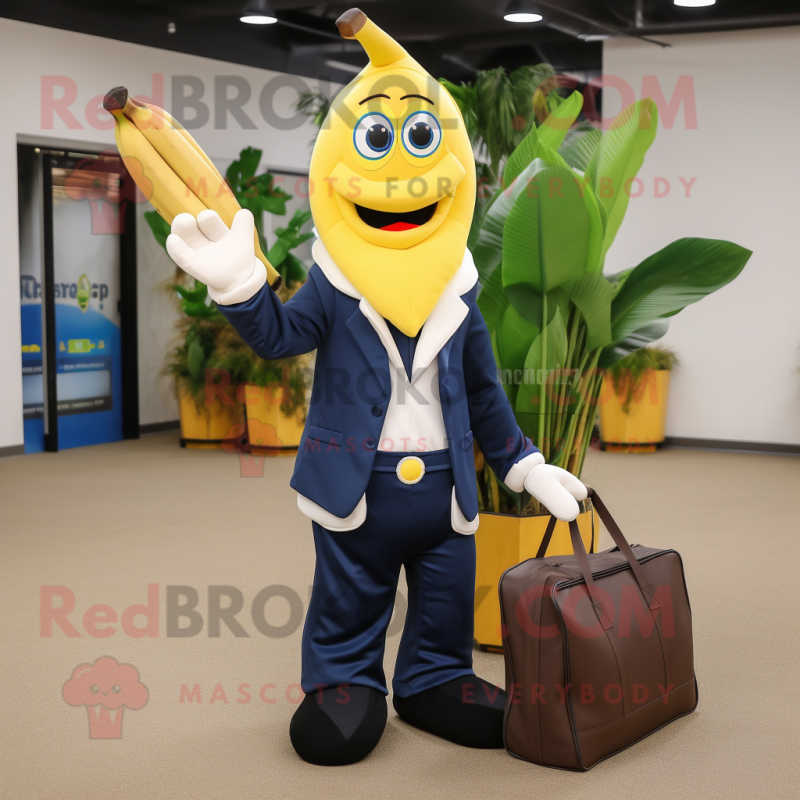 Navy Banana mascot costume character dressed with a Suit Pants and Tote bags Navy Banana mascot costume character dressed with a Suit Pants and Tote bags