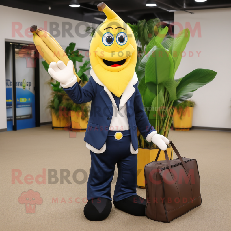 Navy Banana mascot costume character dressed with a Suit Pants and Tote bags