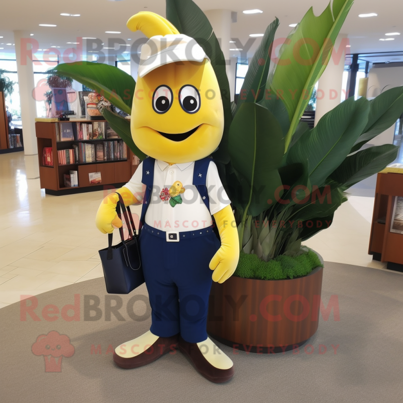 Navy Banana mascot costume character dressed with a Suit Pants and Tote bags