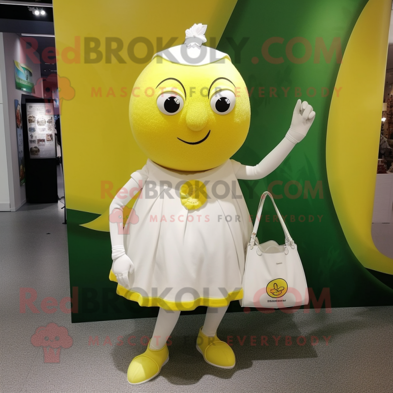 White Lemon mascot costume character dressed with a Mini Dress and Handbags White Lemon mascot costume character dressed with a Mini Dress and Handbags