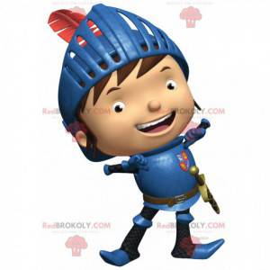 Mascote pequeno e feliz cavaleiro com armadura azul -
