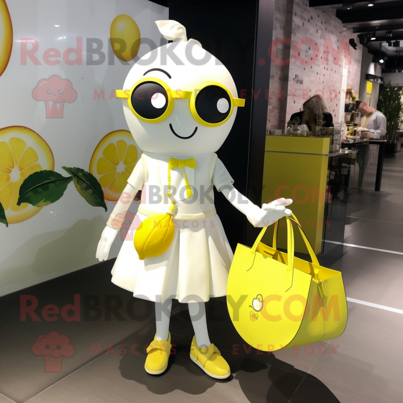 White Lemon mascot costume character dressed with a Mini Dress and Handbags White Lemon mascot costume character dressed with a Mini Dress and Handbags