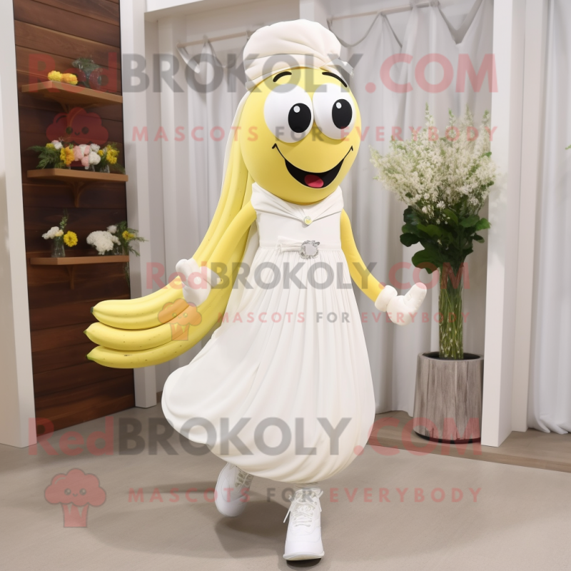 White Banana mascot costume character dressed with a Wedding Dress and Shoe laces