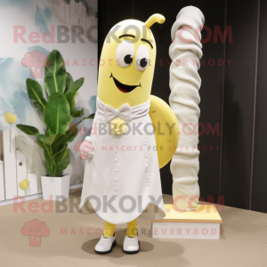 White Banana mascot costume character dressed with a Wedding Dress and Shoe laces