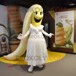 White Banana mascot costume character dressed with a Wedding Dress and Shoe laces