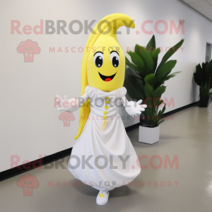 White Banana mascot costume character dressed with a Wedding Dress and Shoe laces