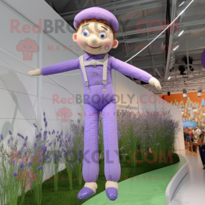 Lavender Tightrope Walker mascot costume character dressed with a Jumpsuit and Suspenders