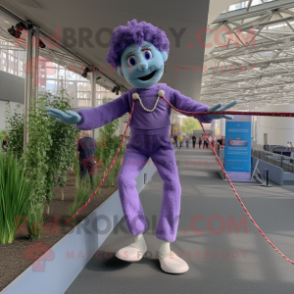 Lavender Tightrope Walker mascot costume character dressed with a Jumpsuit and Suspenders