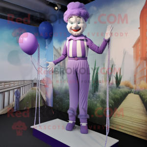 Lavender Tightrope Walker mascot costume character dressed with a Jumpsuit and Suspenders