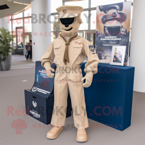 Tan Navy Soldier mascot costume character dressed with a Jumpsuit and Pocket squares