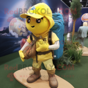 Lemon Yellow Baseball Glove mascot costume character dressed with a Cargo Pants and Backpacks