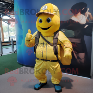 Lemon Yellow Baseball Glove mascot costume character dressed with a Cargo Pants and Backpacks