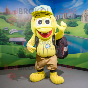 Lemon Yellow Baseball Glove mascot costume character dressed with a Cargo Pants and Backpacks