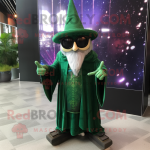 Forest Green Wizard mascot costume character dressed with a Mini Dress and Sunglasses