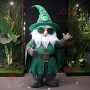 Forest Green Wizard mascot costume character dressed with a Mini Dress and Sunglasses