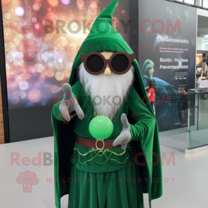 Forest Green Wizard mascot costume character dressed with a Mini Dress and Sunglasses
