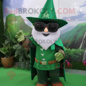 Forest Green Wizard mascot costume character dressed with a Mini Dress and Sunglasses