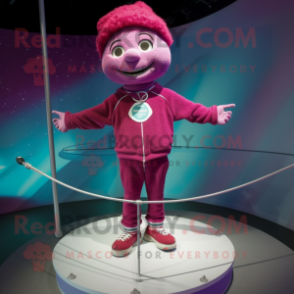 Magenta Tightrope Walker mascot costume character dressed with a Sweatshirt and Cummerbunds