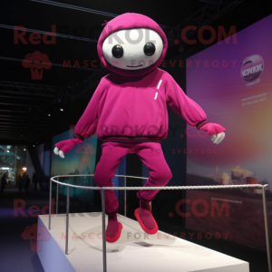 Magenta Tightrope Walker mascot costume character dressed with a Sweatshirt and Cummerbunds