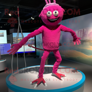 Magenta Tightrope Walker mascot costume character dressed with a Sweatshirt and Cummerbunds