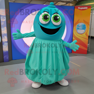 Turquoise Cucumber mascot costume character dressed with a Circle Skirt and Foot pads