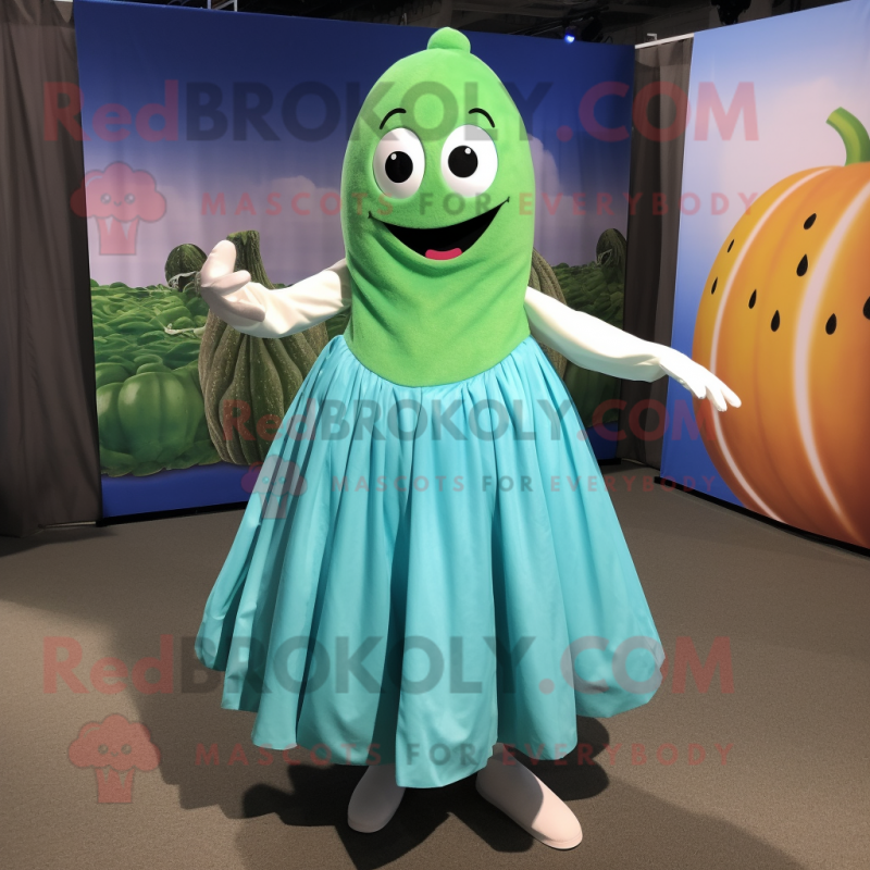 Turquoise Cucumber mascot costume character dressed with a Circle Skirt and Foot pads Turquoise Cucumber mascot costume character dressed with a Circle Skirt and Foot pads