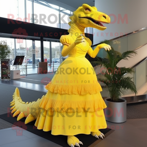 Lemon Yellow Spinosaurus mascot costume character dressed with a Evening Gown and Anklets