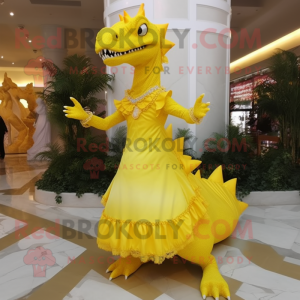 Lemon Yellow Spinosaurus mascot costume character dressed with a Evening Gown and Anklets