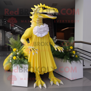 Lemon Yellow Spinosaurus mascot costume character dressed with a Evening Gown and Anklets